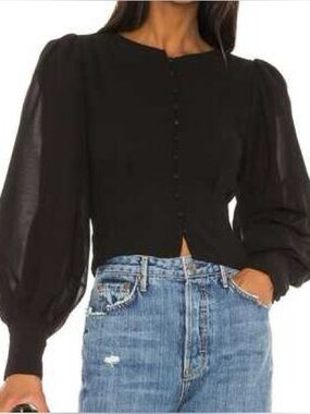 LPA Alice Top Black Puff Sleeve Button Front Blouse Cropped Romantic Size M